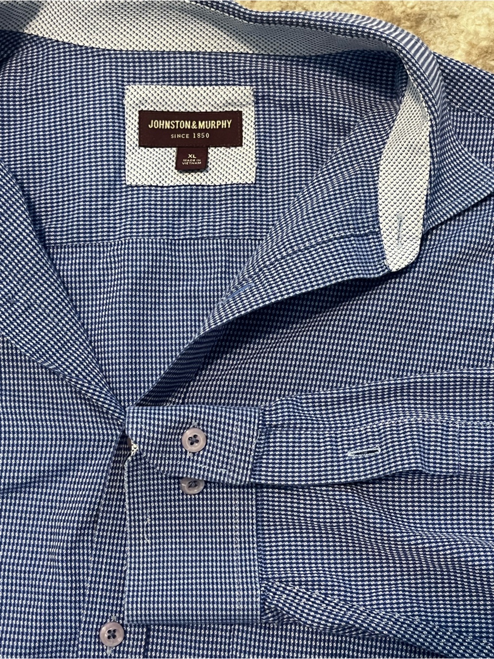 Johnston & Murphy Mens XL Blue Micro Check Button Front Long Sleeve Shirt